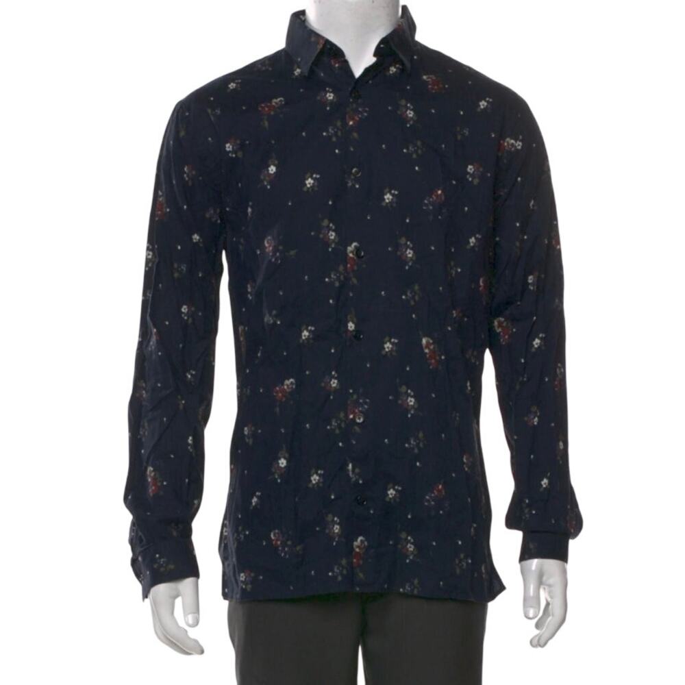 The Kooples Dress Shirt Size Med Men’s Floral Relaxed Fit 100% Cotton Shirt Navy